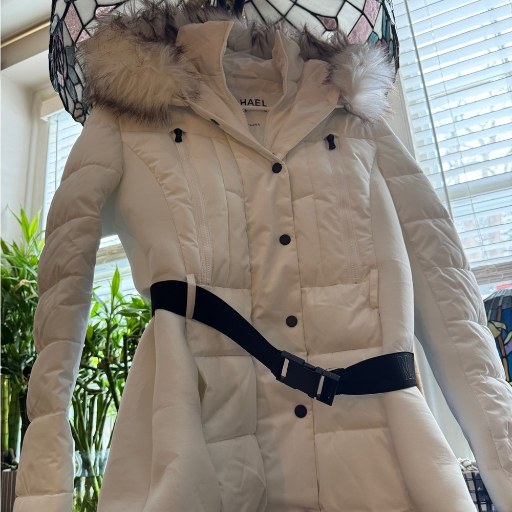 Michael Kors White Puffer Coat with Fur Hood and Black Belt